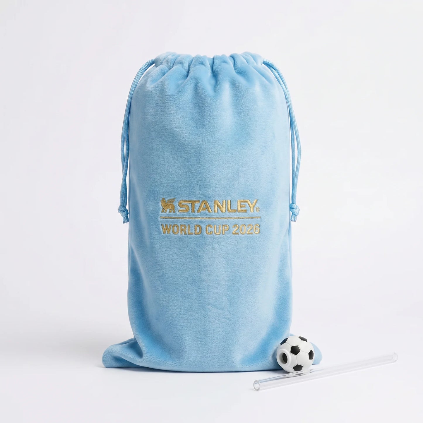 Argentina velvet pouch with gold embroidery and soccer ball straw topper