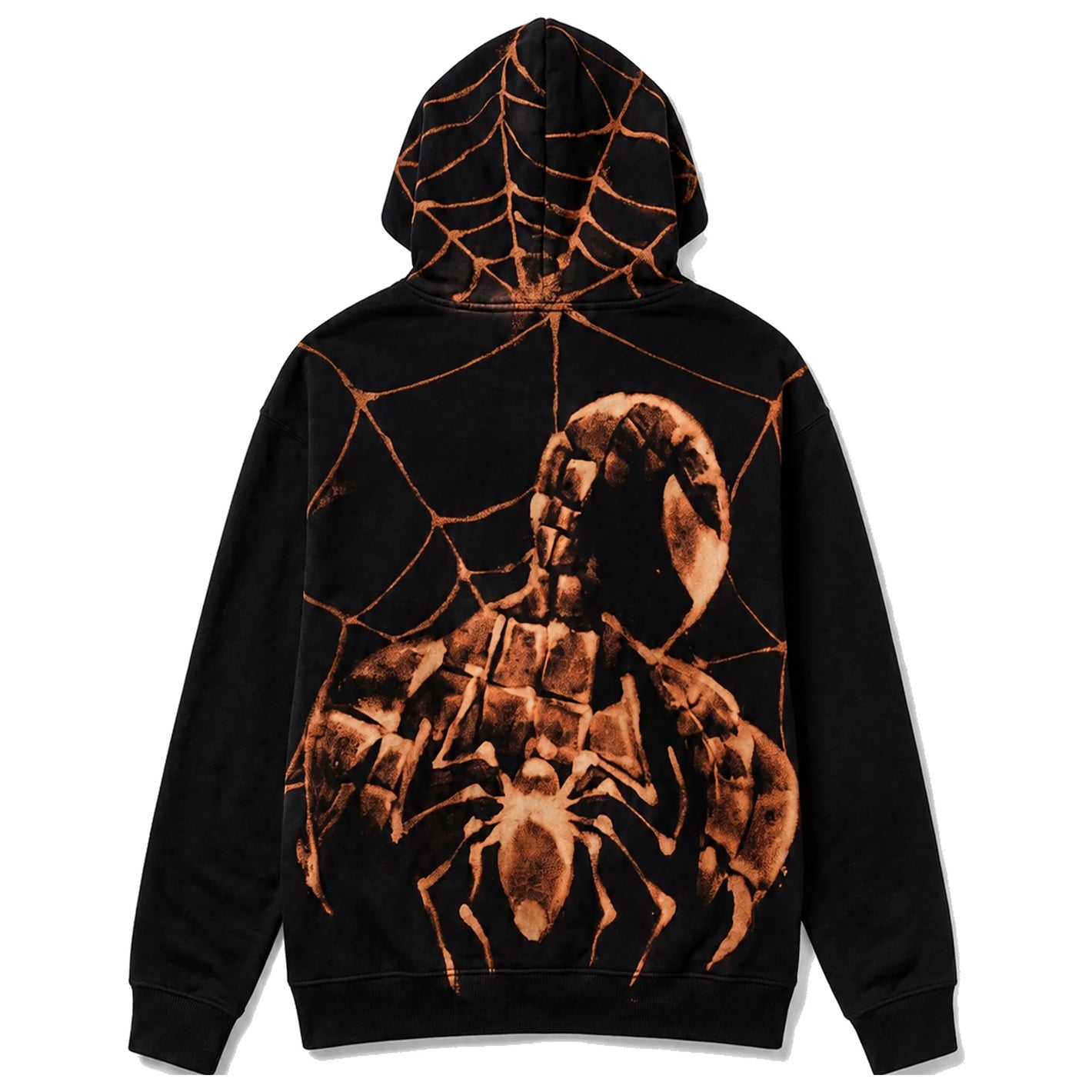 Black hoodie, scorpion and web bleach print on the back