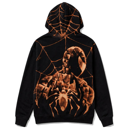 Black hoodie, scorpion and web bleach print on the back