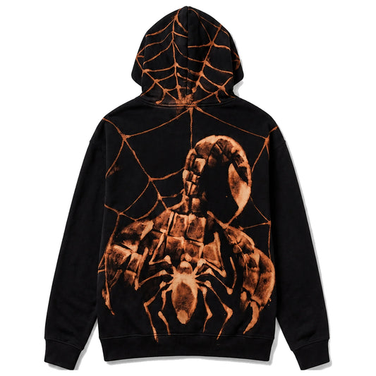 Black hoodie, scorpion and web bleach print on the back
