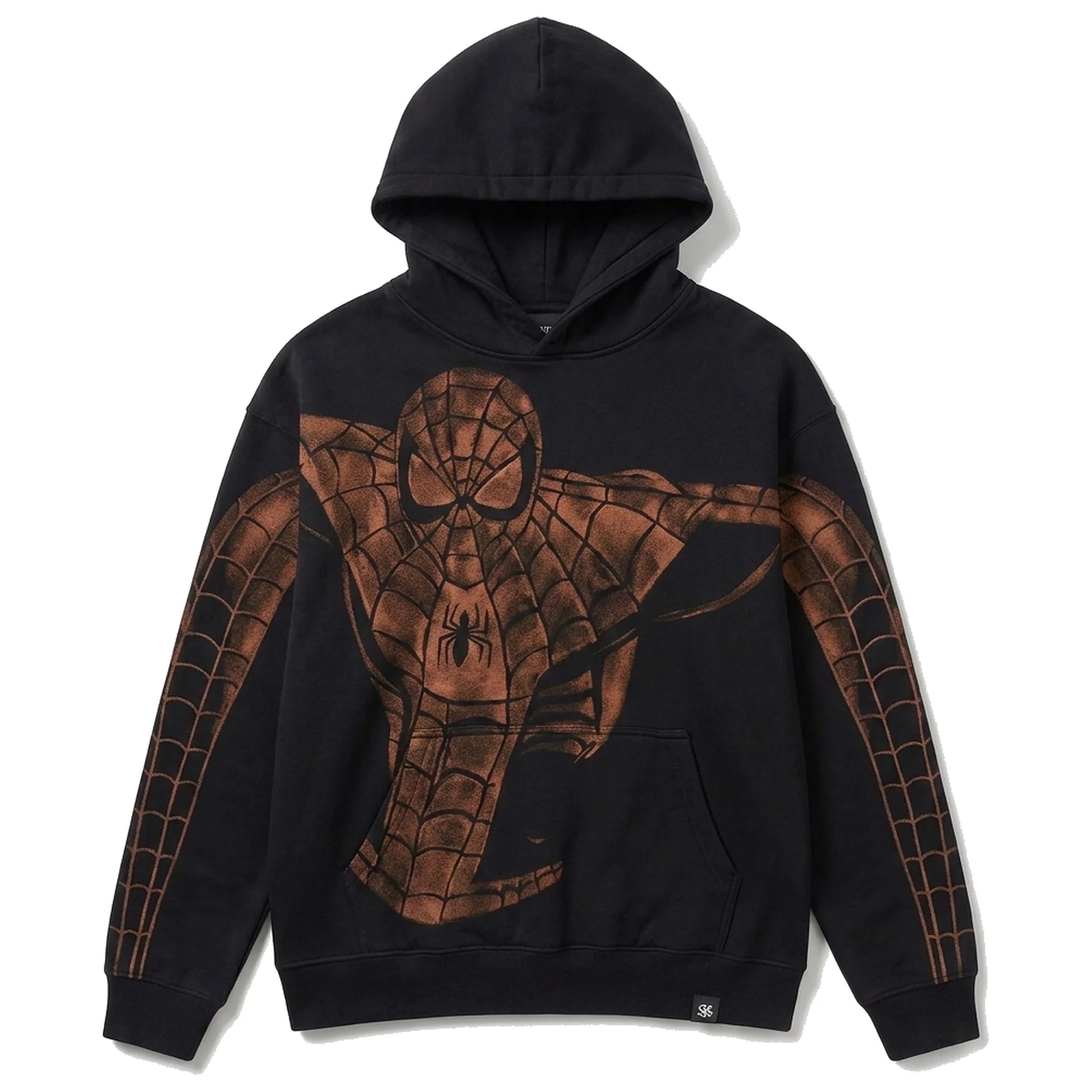 Black hoodie, full web print across the front