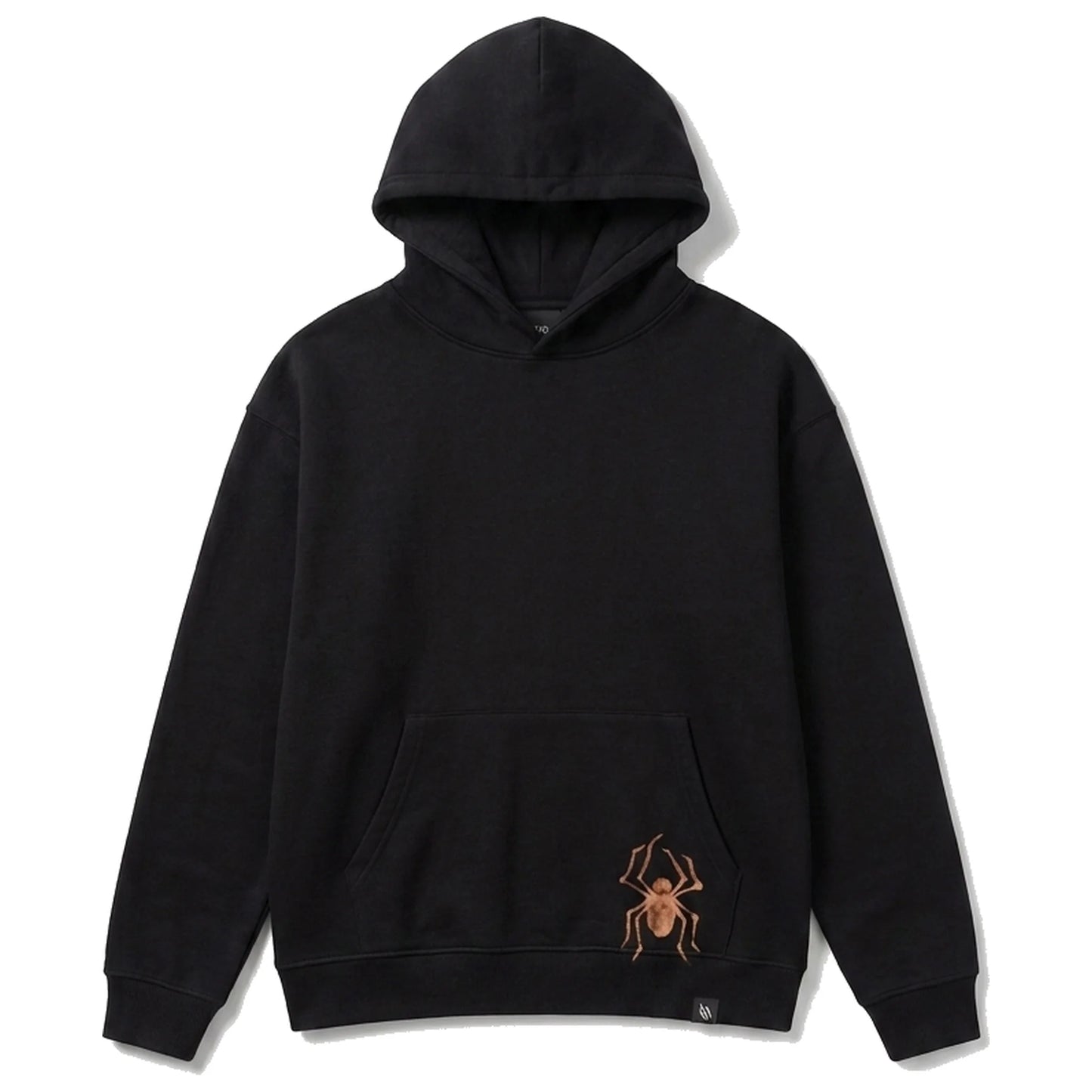 Black hoodie front with small spider at the pocket