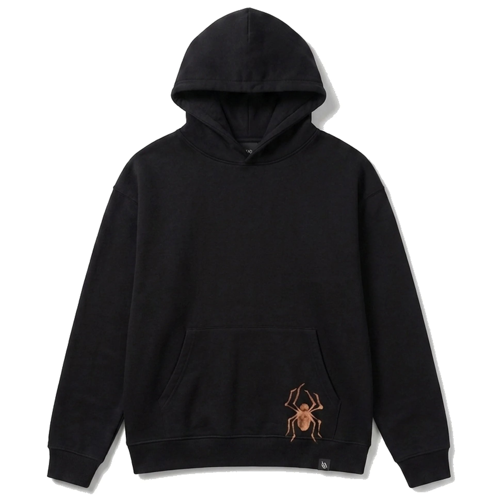 Black hoodie front with small spider at the pocket