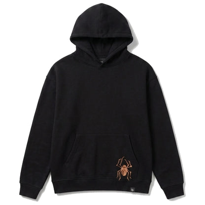 Black hoodie front with small spider at the pocket