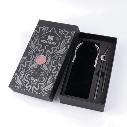 Deadly Damask Gift Box opened with velvet pouch and straw