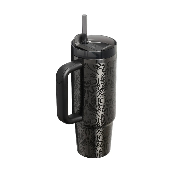 Deadly Damask Tumbler angled view with lid and straw