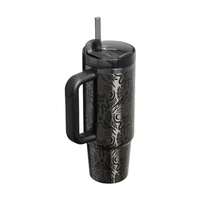 Deadly Damask Tumbler angled view with lid and straw