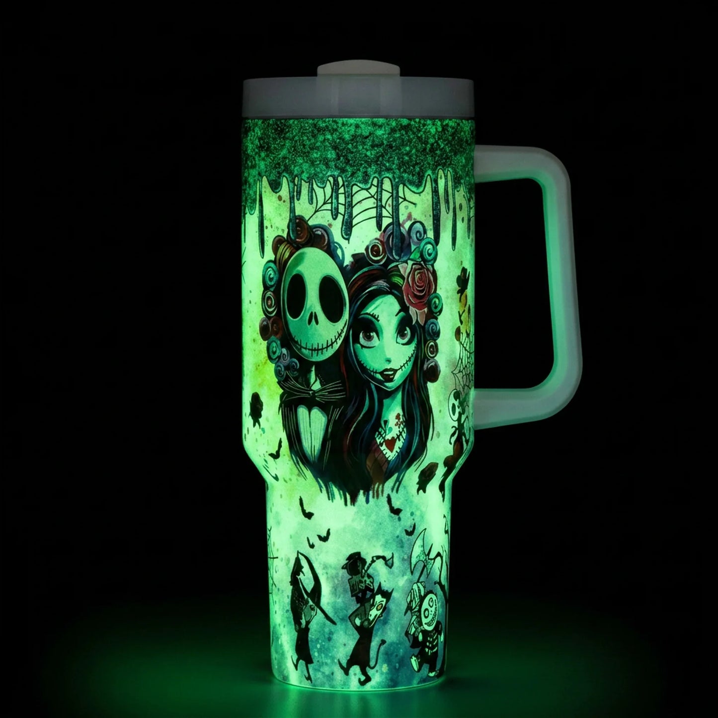 Glow Skeleton Couple 40 Oz Tumbler glowing green in the dark